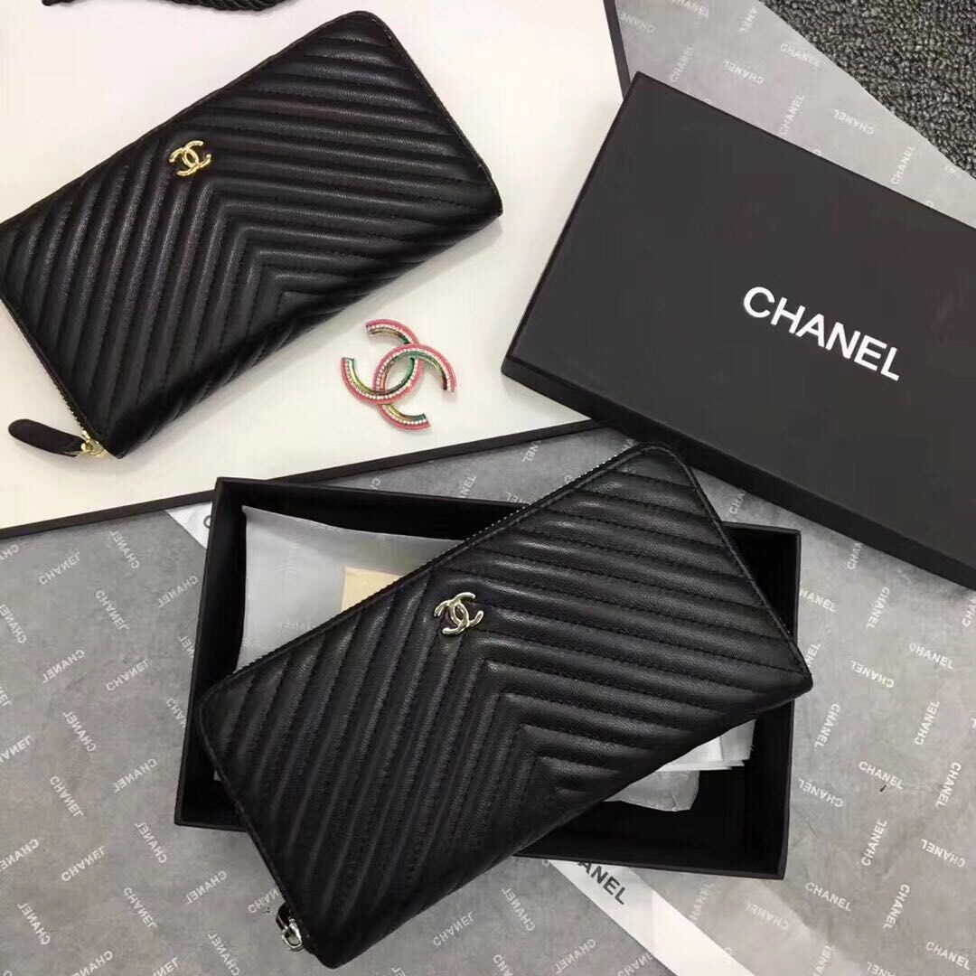 AAA 1:1 Chanel Chevron Sheepskin Leather Zippy Wallet Black A50498 Silver HY3377vi59