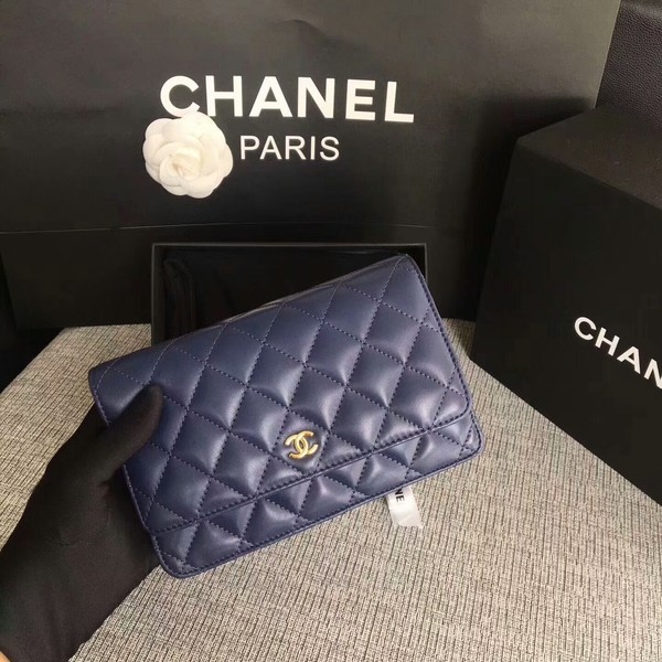 AAA 1:1 Chanel WOC Flap Bag Dark Blue Original Sheepskin Leather 33814 Glod HY8797yF79