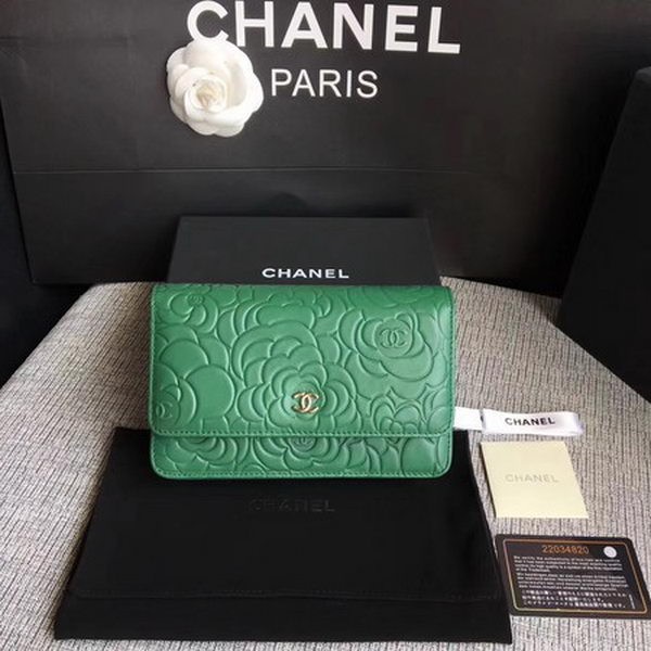 AAA Replica Chanel WOC Green Camellia Leather mini Flap Bag A33814 Silver HY26213VB75