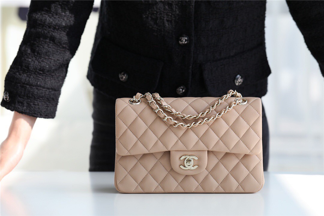 AAAAA Chanel Small Classic Handbag Grained Calfskin & silver-Tone Metal A01113 Apricot HY7128aM93