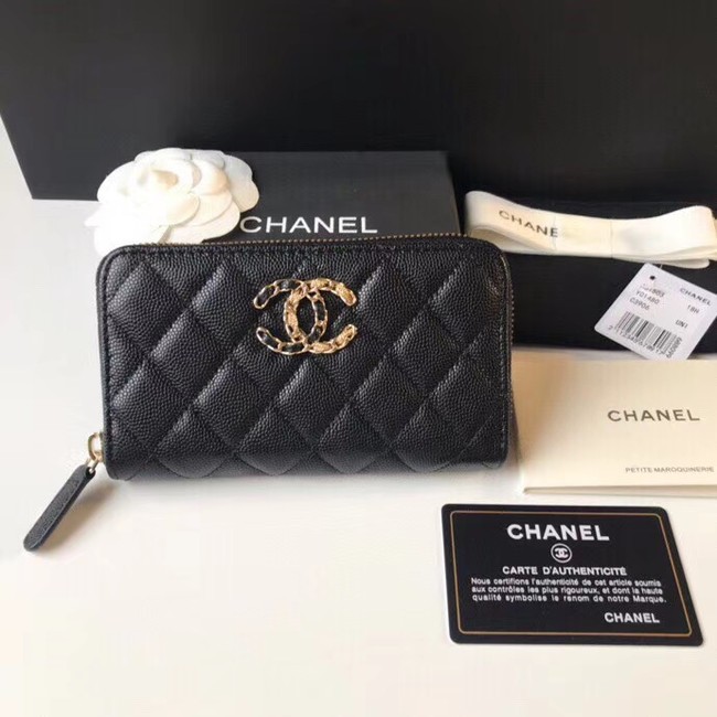 AAAAA Imitation CHANEL 19 Grained Calfskin & Gold-Tone Metal Wallet AP1837 black HY667Sy67