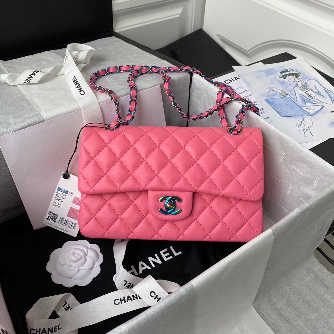 AAAAA Imitation Chanel Classic Flap Shoulder Bag Original Sheepskin leather Colors Buckle Medium A01113 Rose&Yellow HY12712Sy67