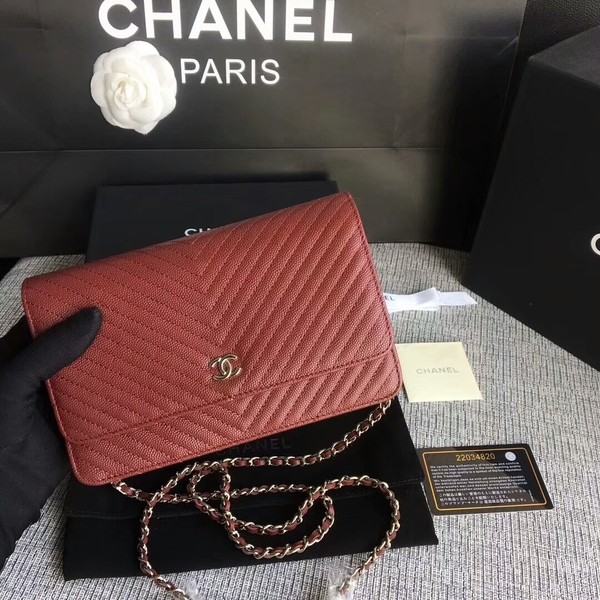 AAAAA Imitation Chanel WOC Flap Shoulder Bag Dark Red Calfskin Leather A33814 Silver HY14172Sy67