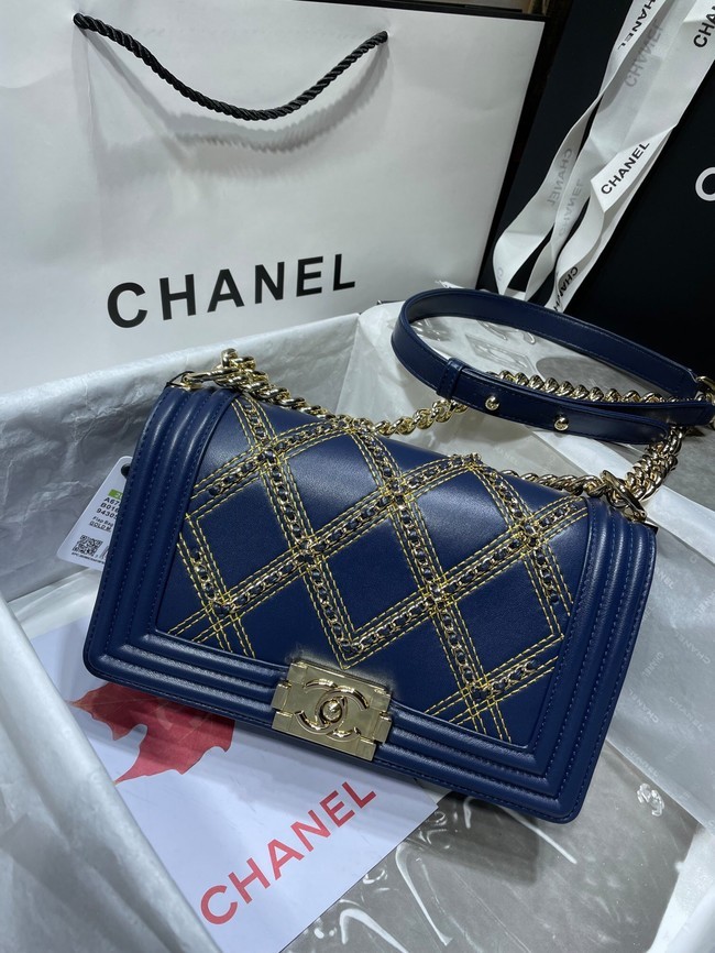 Best 1:1 BOY CHANEL Handbag Crumpled Calfskin & Gold-Tone Metal A67086 dark blue HY8230OR71
