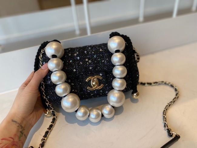 Best 1:1 CHANEL Tweed Braided Sheepskin & Gold-Tone Metal AS0593 black HY26845OR71