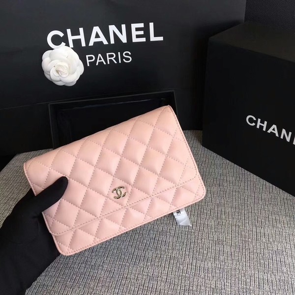 Best Replica Chanel WOC Flap Bag Light Pink Original Sheepskin Leather 33814 Silver HY22098zU69