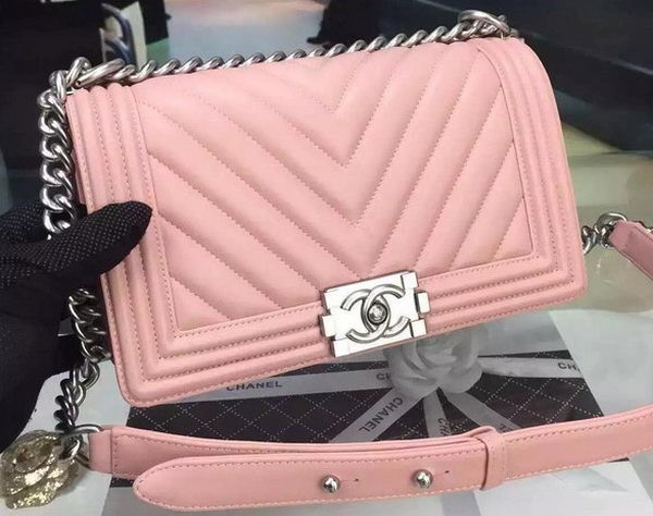 Boy Chanel Flap Bag Original Chevron Pink Nubuck Leather A5708 Silver HY9373dN21