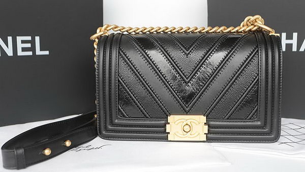 Boy Chanel Flap Bag Original Chevron Sheepskin Leather A92193 Black HY22576De45