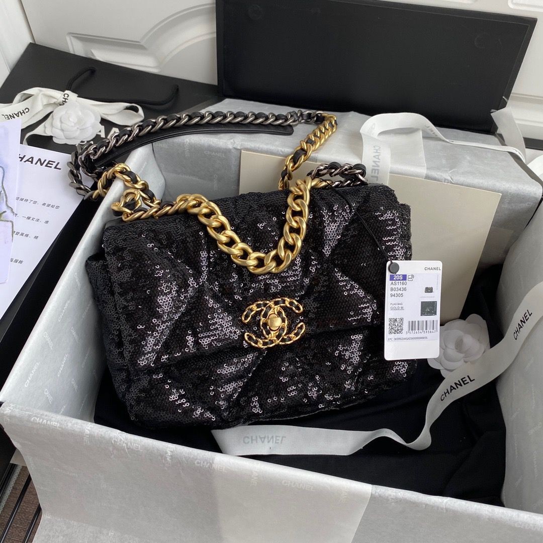 Chanel 19 Flap Bag Original Beads Leather AS1160 Black HY2426zd34