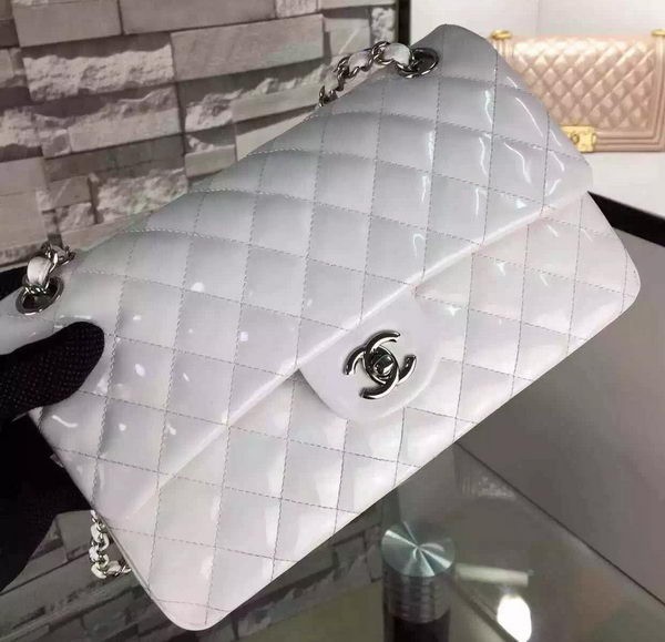 Chanel 2.55 Series Double Flap Bag White Original Patent Leather CF7024 Silver HY8049mV18