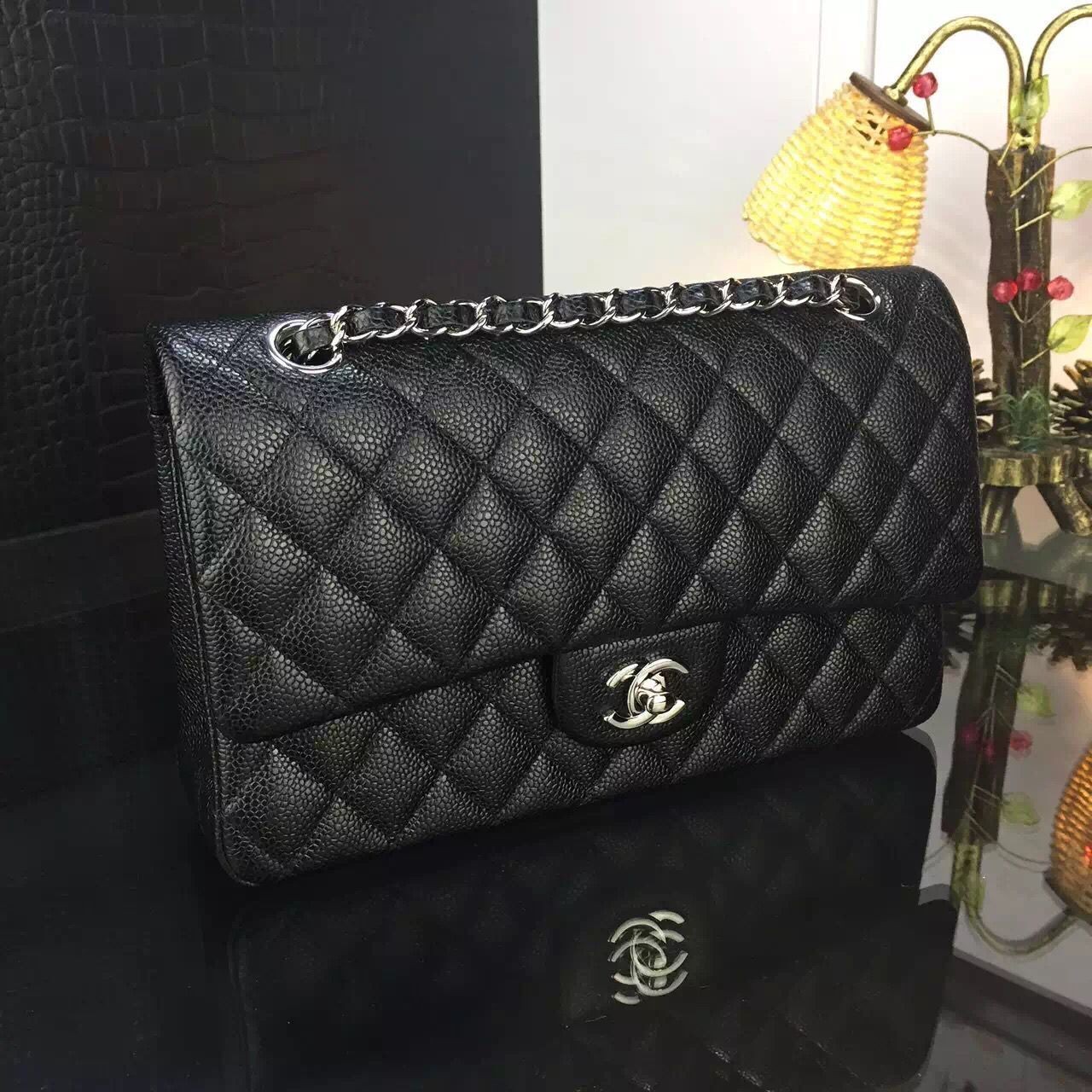Chanel 2.55 Series Flap Bag Original Lambskin Leather Black Silver 1112 HY2483iv85