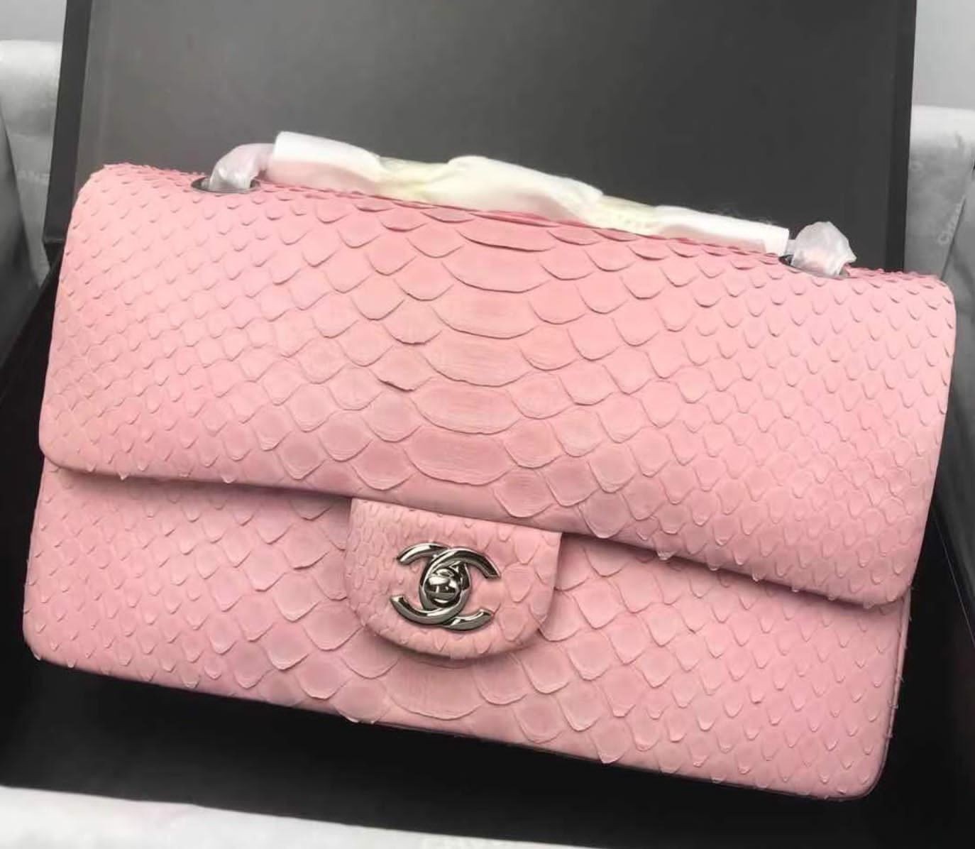 Chanel 2.55 Series Flap Bags Sakura Pink Original Python Leather A1112SA Silver HY23344HB29