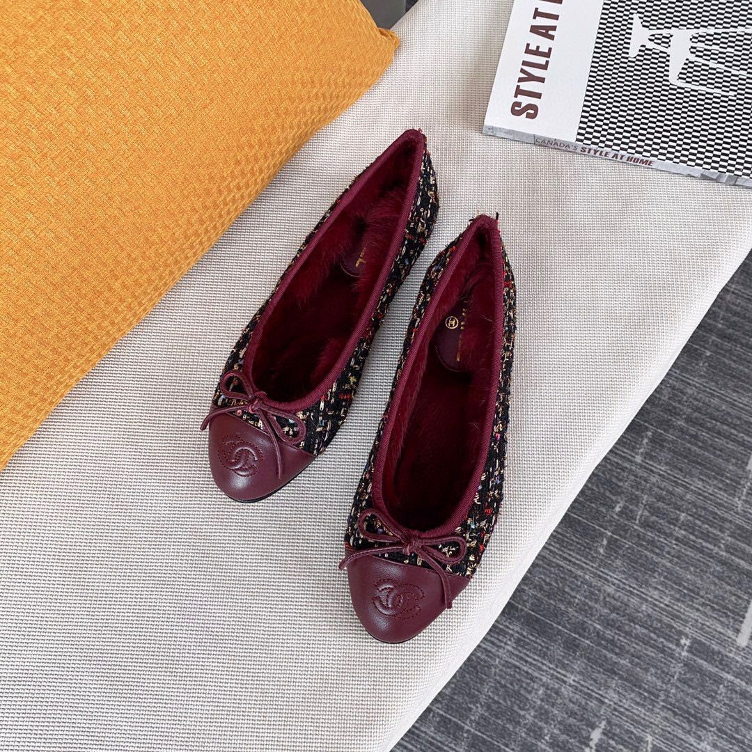 Chanel Ballet Shoes Original Leather Rabbit Fur CC23560 Wine Shoes HY5540Wi77