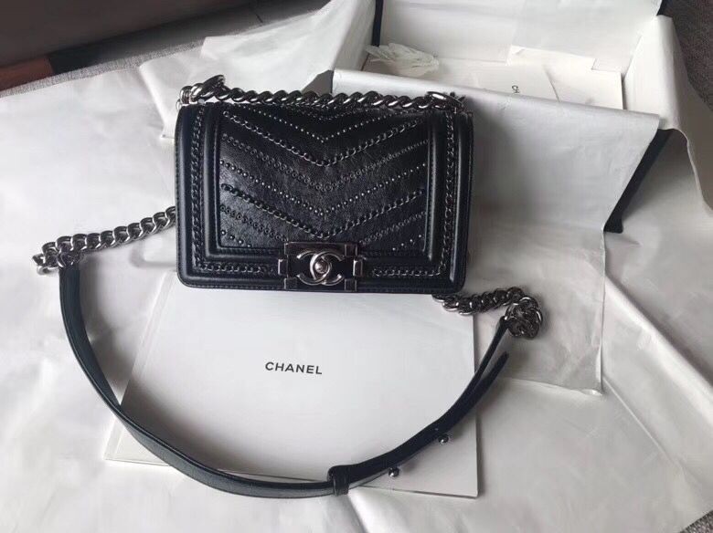 CHANEL BOY Crumpled Calfskin Original Leather Black Bag A67085 Silver HY13206VF54