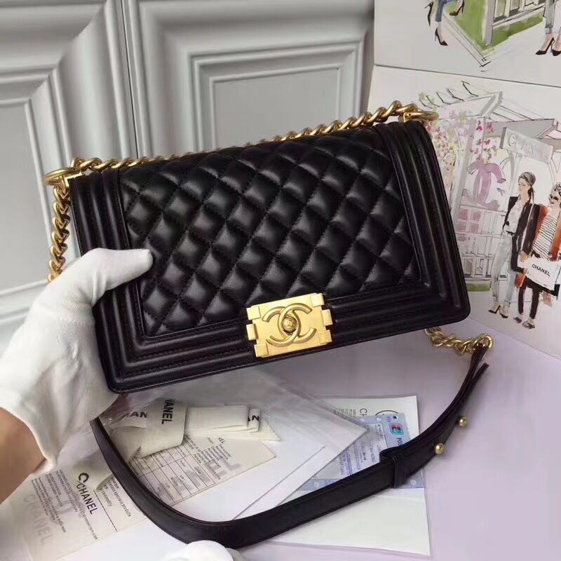 Chanel Boy Flap Original Sheepskin Leather Shoulder Black Bag A67086 Gold HY16376pB23