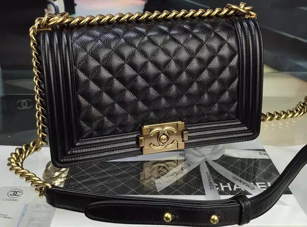 Chanel Boy Flap Shoulder Bag Black Original Calfskin Leather A8708 Bronze HY10299Gh26