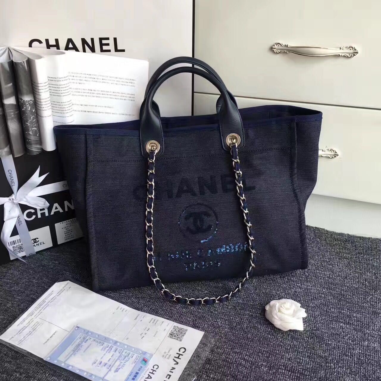 Chanel Canvas Leather Tote Shopping Bag Dark Blue A1679 HY9924Ea63