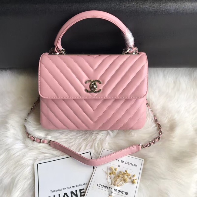 Chanel CC original lambskin top handle flap bag 92236V pink Silver Buckle HY20736kC27