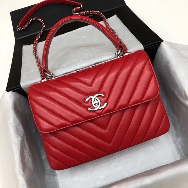 Chanel CC original lambskin top handle flap bag V92236 red&silver-Tone Metal HY4231mm78