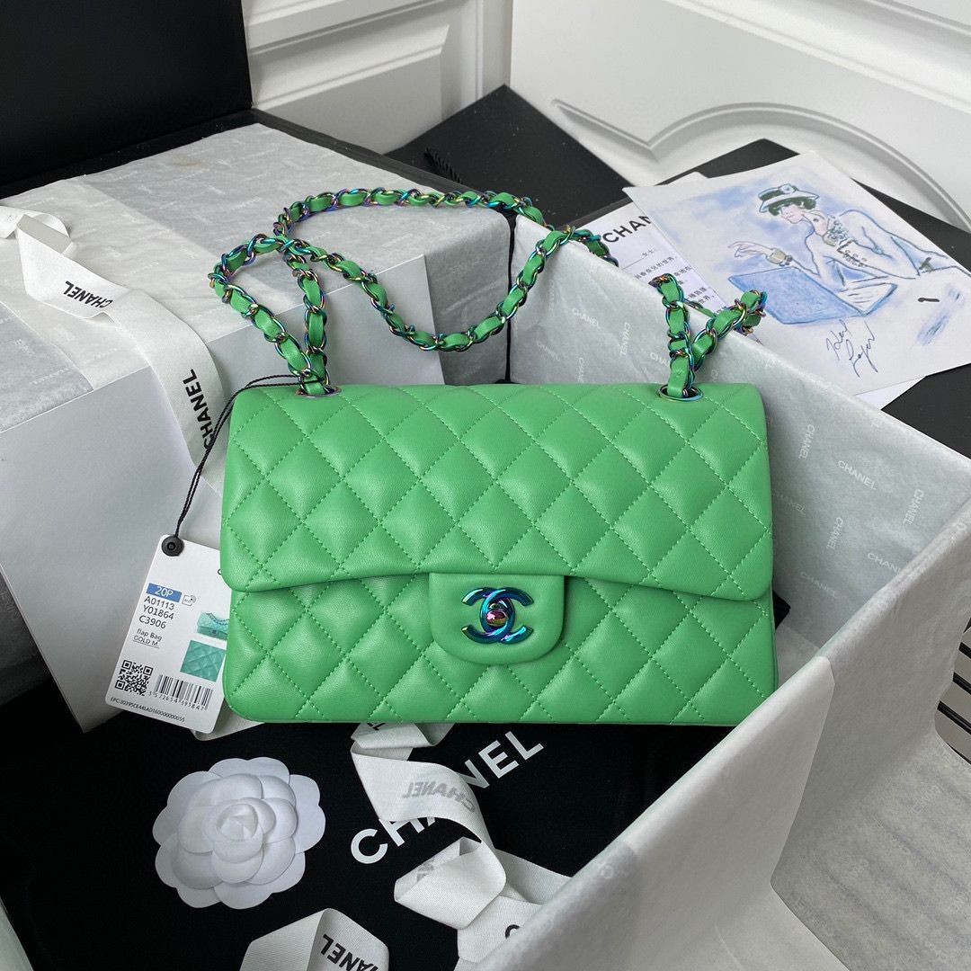 Chanel Classic Flap Shoulder Bag Original Sheepskin leather Colors Buckle Medium A01113 Green&Blue HY15281pB23