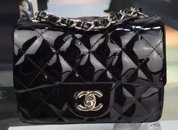 Chanel Classic mini Flap Bag Black Original Patent Leather CF7171 Silver HY2725nU55
