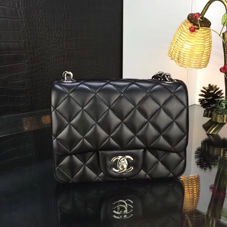 Chanel Classic MINI Flap Bag Original Sheepskin Leather A1115 Black Sliver Chain HY17313Ri95