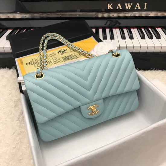 Chanel Classic original Sheepskin Leather Shoulder Bag 1112V Sky blue gold chain HY26444LG44