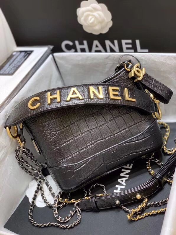 Chanel Gabrielle Hobo Original Crocodile Leather Bag A93824 Black HY2113Ty85
