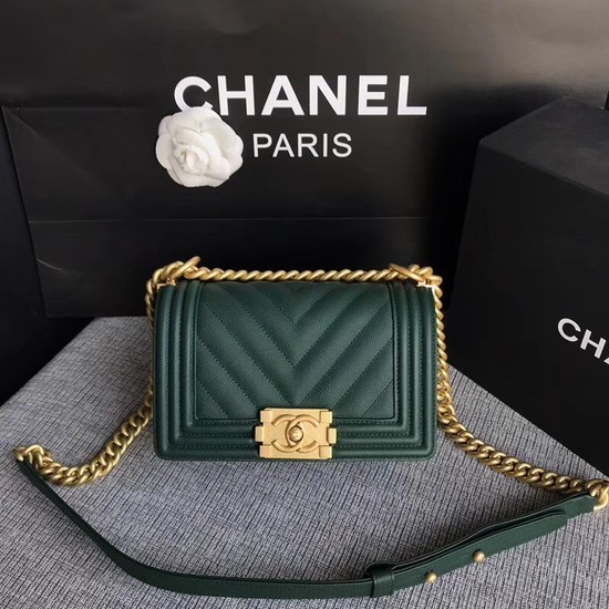 Chanel Le Boy Flap Shoulder Bag Original Caviar Leather P67085 Blackish green Gold Buckle HY1736EW67