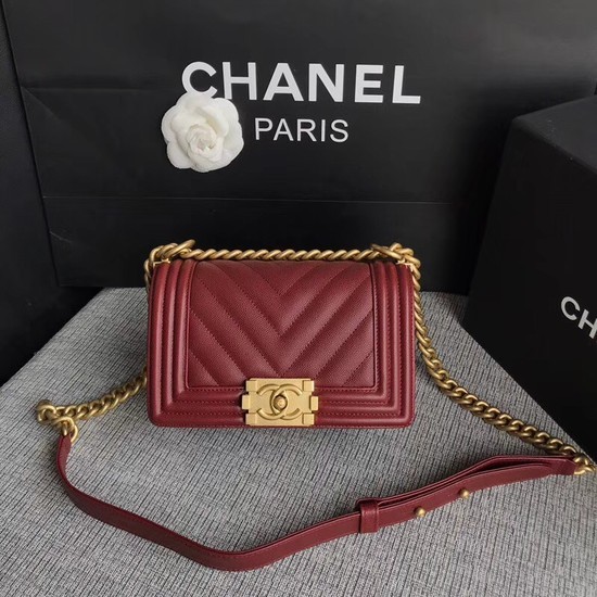 Chanel Le Boy Flap Shoulder Bag Original Caviar Leather P67085 Deep red Gold Buckle HY11923Pu45