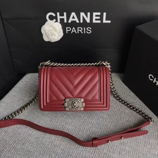 Chanel Le Boy Flap Shoulder Bag Original Caviar Leather P67085 Deep red silver Buckle HY13942aM39