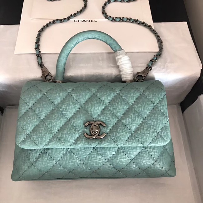 Chanel original Caviar leather flap bag top handle A92290 green &Silver-Tone Metal HY16718iv85