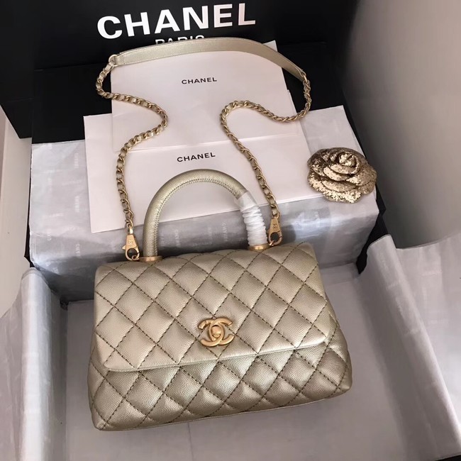 Chanel original Caviar leather flap bag top handle A92290 Light gold&Gold-Tone Metal HY22268tQ92