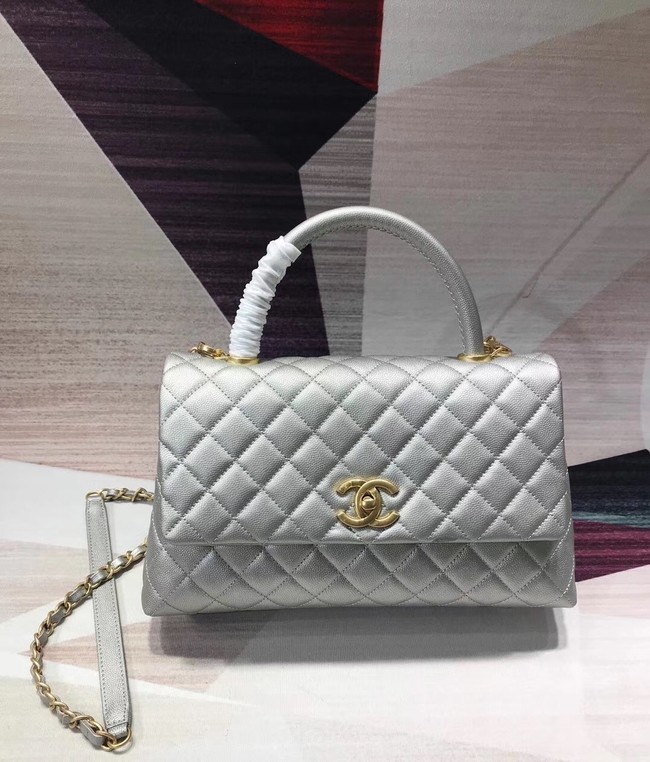 Chanel original Caviar leather flap bag top handle A92291 silvery &gold-Tone Metal HY1852Ym74