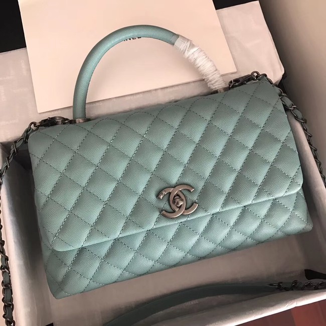 Chanel original Caviar leather flap bag top handle A92292 green &Silver-Tone Metal HY10973SS41