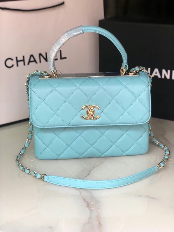 Chanel original lambskin top handle flap bag AS92236 sky blue&Gold-Tone Metal HY19955hT91