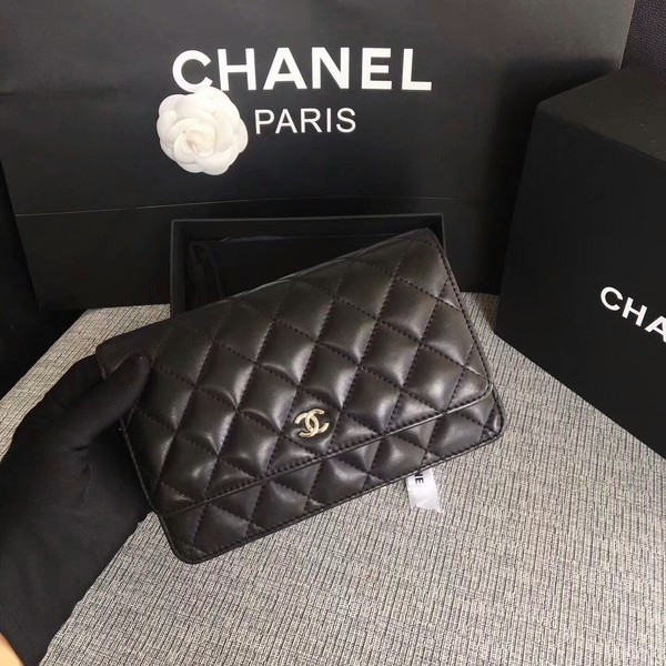 Chanel WOC Flap Bag Black Original Sheepskin Leather 33814 Silver HY17955sf78