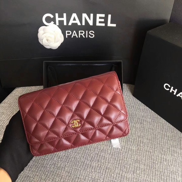Chanel WOC Flap Bag Dark Red Original Sheepskin Leather 33814 Glod HY9668qB82