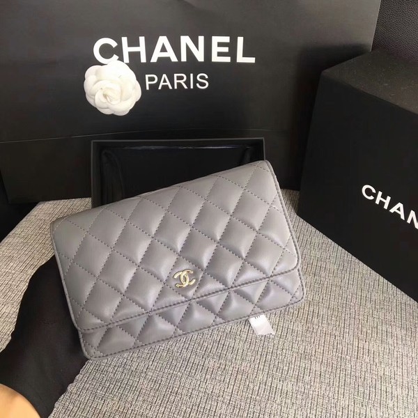 Chanel WOC Flap Bag Grey Original Sheepskin Leather 33814 Silver HY21340nU55