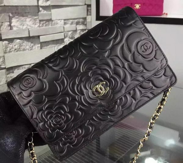 Chanel WOC Flap Bag Original Black Camellia Leather A5373 Gold HY17015KX86