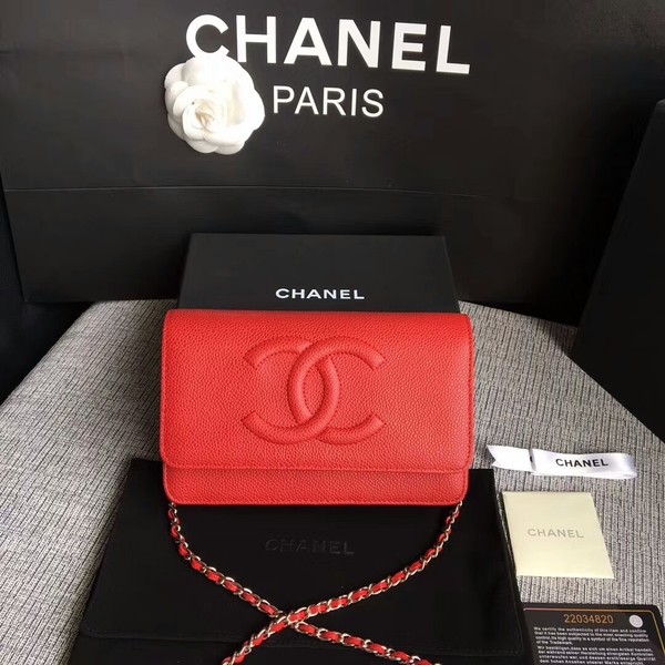 Chanel WOC Original Calfskin Leather Red Shoulder Bag 33814 Silver HY6902gN72