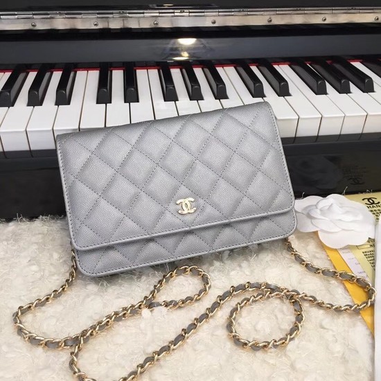Chanel WOC Original Caviar Leather Flap cross-body bag CF33814 Silver gray Gold chain HY14341qM91