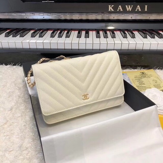 Chanel WOC Original Caviar Leather Flap cross-body bag V33814 cream gold chain HY311De45