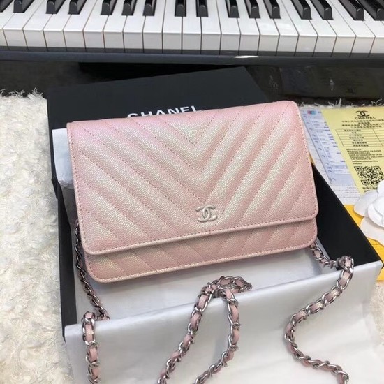 Chanel WOC Original Caviar Leather Flap cross-body bag V33814 pink silver chain HY11488JD28