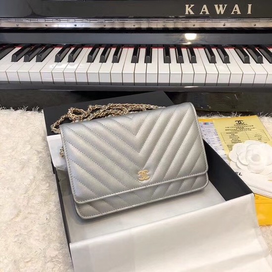 Cheap Chanel WOC Original Caviar Leather Flap cross-body bag V33814 Silver grey gold chain HY15752sZ66