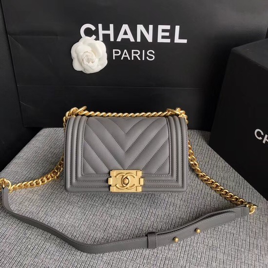 Cheap Copy Chanel Le Boy Flap Shoulder Bag Original Calf leather A67085 grey Gold Buckle HY8365Eq45