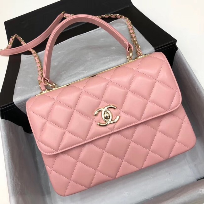 Copy 1:1 Chanel CC original lambskin top handle flap bag 92236 pink&Gold-Tone Metal HY4133xD64