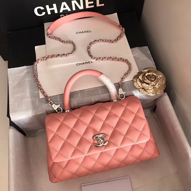 Copy 1:1 Chanel original Caviar leather flap bag top handle A92290 pink&silver-Tone Metal HY15813xD64
