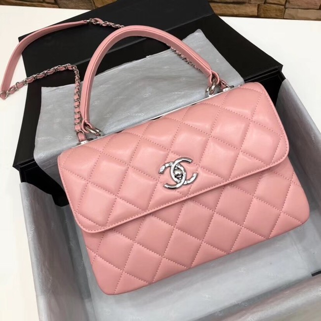 Copy Chanel CC original lambskin top handle flap bag 92236 pink&silver-Tone Metal HY4222Kn92