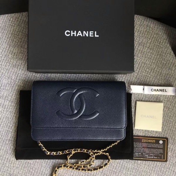Copy Chanel WOC Original Calfskin Leather Dark Blue Shoulder Bag 33814 Glod HY10927Zn71